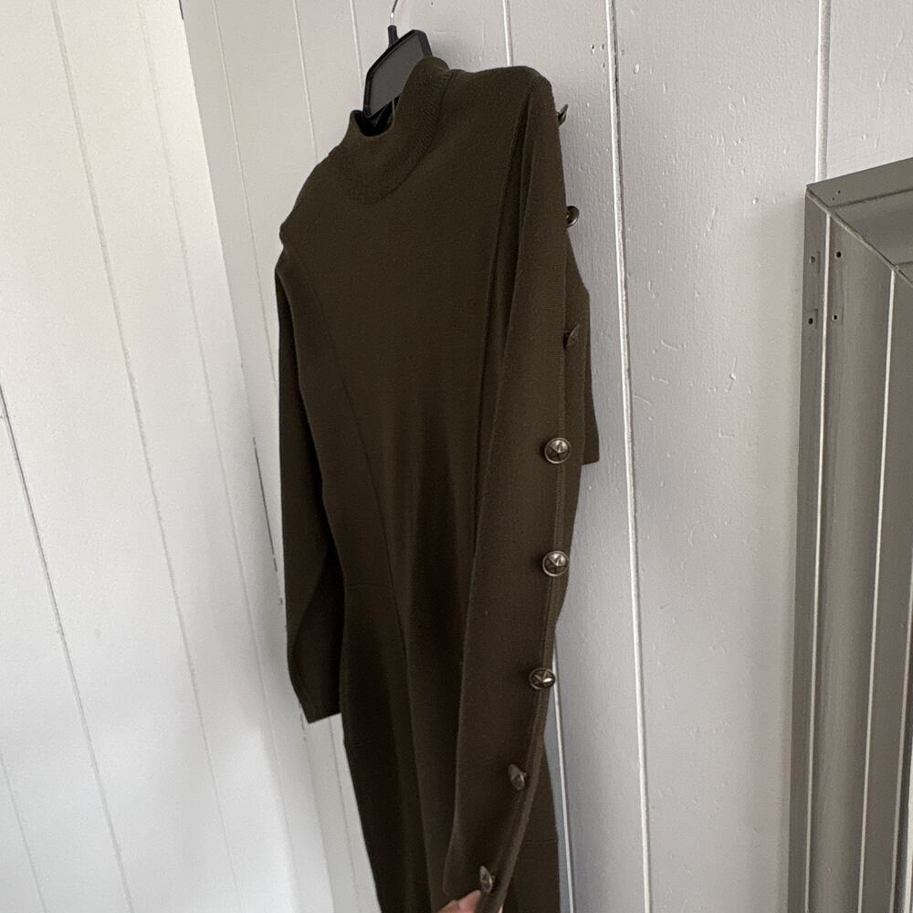Vintage Green Ribbed Knit High Neck Bodycon Midi Dress Button Size S - Picture 3 of 7